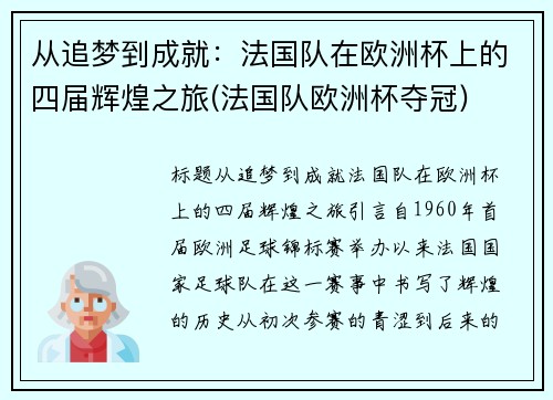 从追梦到成就：法国队在欧洲杯上的四届辉煌之旅(法国队欧洲杯夺冠)