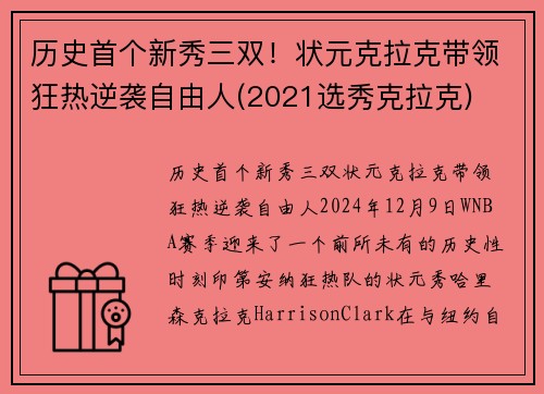 历史首个新秀三双！状元克拉克带领狂热逆袭自由人(2021选秀克拉克)