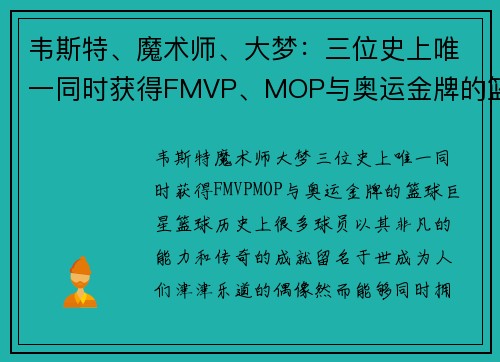 韦斯特、魔术师、大梦：三位史上唯一同时获得FMVP、MOP与奥运金牌的篮球巨星